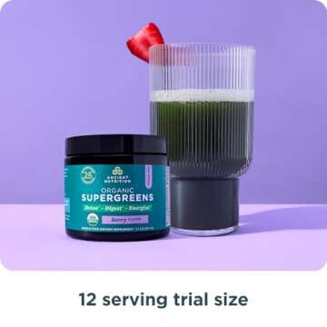 Ancient Nutrition SuperGreens Powder with Probiotics, Organic Berry Flavor Greens, Made from Real Fruits, Vegetables and Herbs, Digestive and Energy Support, 12 Servings, 3.2oz