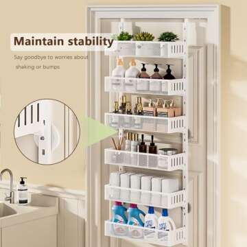 DAOTENGQL 6-Tier Over The Door Pantry Organizer with Mesh Baskets, Adjustable & Stable Hanging Spice Rack for Kitchen, Bathroom, Bedroom, and Baby Essentials Storage (16" W 6-Tiers, White)