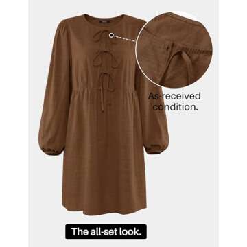 ZESICA Women's Dress Fall Long Puff Sleeve Self Tie Front Babydoll A Line Pleated Cute Mini Tunic Dresses 2024,Brown,Medium
