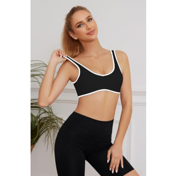 MISSACTIVER Women’s Wireless Sports Bra - V Neck Black Crop Top