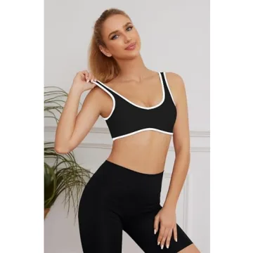 MISSACTIVER Women’s Wireless Sports Bra - V Neck Black Crop Top