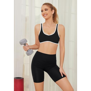 MISSACTIVER Women’s Wireless Sports Bra - V Neck Black Crop Top