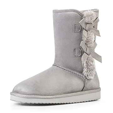 KRABOR Women's Suede Snow Boots - Stylish Mid-Calf Winter Shoes with Bows in Gray Size 7