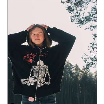 Women's Oversized Y2K Sweatshirt Long Sleeve Zipper Punk Goth Printed Hoodie Aesthetic Drawstring Jacket