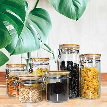 Glass Storage Jars with Airtight Locking Clamp Lids, Airtight Glass Canisters with Locking Lids, Glass Storage Containers with Bamboo Lid, Food Storage Containers, Glass Canister Sets, Set of 4