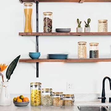 Glass Storage Jars with Airtight Locking Clamp Lids, Airtight Glass Canisters with Locking Lids, Glass Storage Containers with Bamboo Lid, Food Storage Containers, Glass Canister Sets, Set of 4