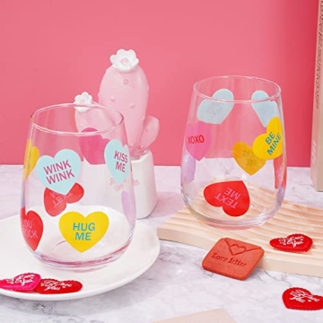 Whaline 17oz Valentine's Day Stemless Wine Glasses Gift for Her 2Pcs Colorful Conversation Heart Drinking Glasses Valentines Tumbler Cups for Valentine's Day Party Supplies Kitchen Decorations