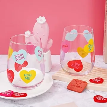 Whaline 17oz Valentine's Day Stemless Wine Glasses Gift for Her 2Pcs Colorful Conversation Heart Drinking Glasses Valentines Tumbler Cups for Valentine's Day Party Supplies Kitchen Decorations