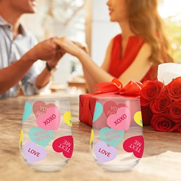 Whaline 17oz Valentine's Day Stemless Wine Glasses Gift for Her 2Pcs Colorful Conversation Heart Drinking Glasses Valentines Tumbler Cups for Valentine's Day Party Supplies Kitchen Decorations