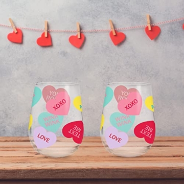 Whaline 17oz Valentine's Day Stemless Wine Glasses Gift for Her 2Pcs Colorful Conversation Heart Drinking Glasses Valentines Tumbler Cups for Valentine's Day Party Supplies Kitchen Decorations