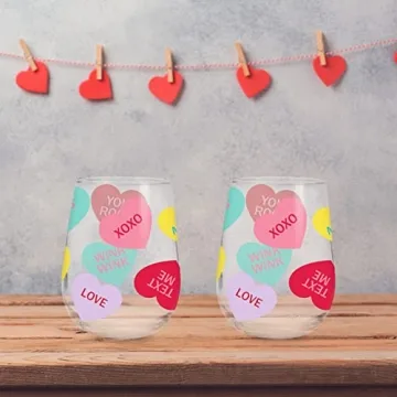 Whaline 17oz Valentine's Day Stemless Wine Glasses Gift for Her 2Pcs Colorful Conversation Heart Drinking Glasses Valentines Tumbler Cups for Valentine's Day Party Supplies Kitchen Decorations