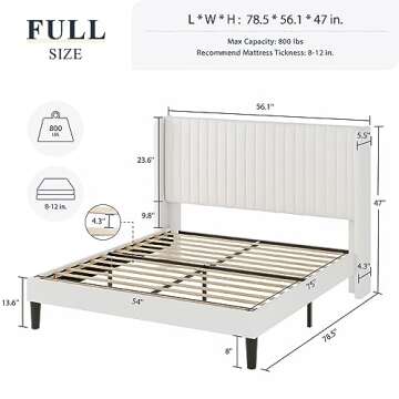 Allewie Full Size Velvet Bed Frame/Vertical Channel Tufted Wingback Headboard/Upholstered Platform B...