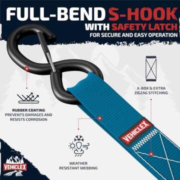 Ratchet Tie-Down Straps Set - (1" x 15', 2200lbs Breaking Strength) - Vehiclex Soft Loops, Coated S-Hooks, Storage Bag for ATV, Motorcycle, Bicycle, Kayak, Cargo Securing, Blue