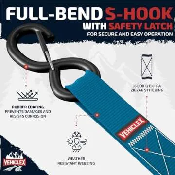 Ratchet Tie-Down Straps Set - (1" x 15', 2200lbs Breaking Strength) - Vehiclex Soft Loops, Coated S-Hooks, Storage Bag for ATV, Motorcycle, Bicycle, Kayak, Cargo Securing, Blue
