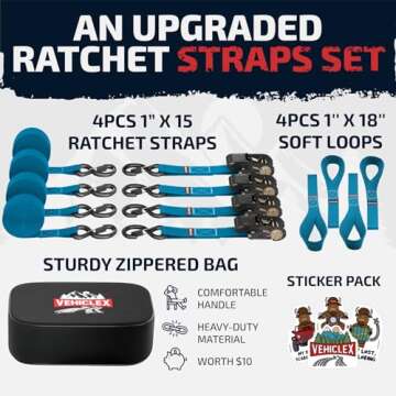 Ratchet Tie-Down Straps Set - (1" x 15', 2200lbs Breaking Strength) - Vehiclex Soft Loops, Coated S-Hooks, Storage Bag for ATV, Motorcycle, Bicycle, Kayak, Cargo Securing, Blue