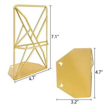 JINSEY Bookends,Decorative Bookends for Heavy Books Metal Bookends Gold Non-Skid Heavy Duty Bookshelf Holder Unique Geometric Design 2 Pieces (Gold)