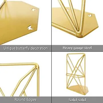 JINSEY Bookends,Decorative Bookends for Heavy Books Metal Bookends Gold Non-Skid Heavy Duty Bookshelf Holder Unique Geometric Design 2 Pieces (Gold)