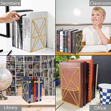 JINSEY Bookends,Decorative Bookends for Heavy Books Metal Bookends Gold Non-Skid Heavy Duty Bookshelf Holder Unique Geometric Design 2 Pieces (Gold)