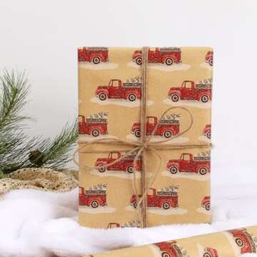 LaRibbons Reversible Kraft Vintage Christmas Wrapping Paper with Natural Jute Twine, Classic Truck D...