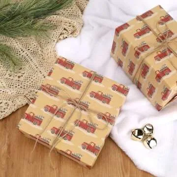 LaRibbons Reversible Kraft Vintage Christmas Wrapping Paper with Natural Jute Twine, Classic Truck Design for Christmas, Party, Holiday, Celebration, 17 Inch X 40 Feet (56.6 sq. ft. ttl.)