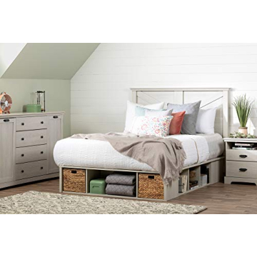Avilla Queen Storage Bed Winter Oak Rattan Baskets