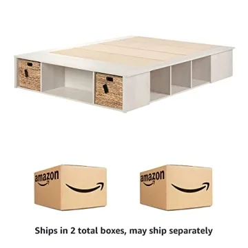 Avilla Queen Storage Bed Winter Oak Rattan Baskets