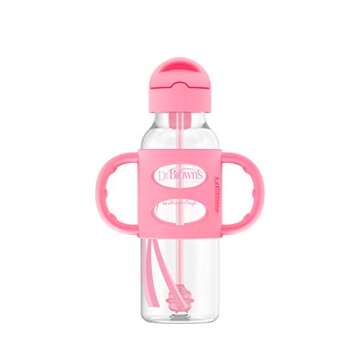 Dr. Brown's Milestones Narrow Sippy Straw Bottle, Spill-Proof with 100% Silicone Handles and Weighted Straw, 8 oz/250 mL, Gray & Pink, 6m+