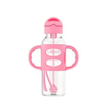 Dr. Brown's Milestones Narrow Sippy Straw Bottle, Spill-Proof with 100% Silicone Handles and Weighted Straw, 8 oz/250 mL, Gray & Pink, 6m+