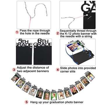 Graduation Photo Banner for 2024 2025 Party Decorations, Kindergarten to 12th Grade Graduation Picture Banner, Middle School, High School College Graduation Party Supplies Black SG063BK