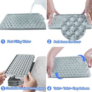 Miaowoof Mini Ice Cube Trays, 0.6in Small Maker for Freezer Easy Release, 104x4 PCS Ball Mold with Bin & Scoop, Tiny Tray Crushed Chilling Drinks Coffee Juice Cocktail