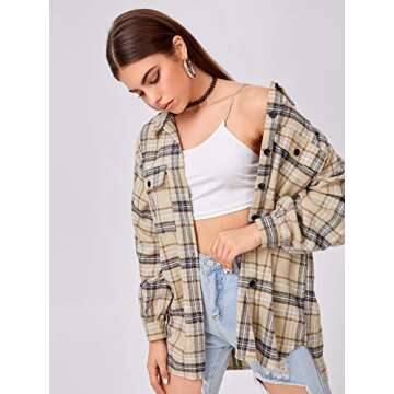 SweatyRocks Women's Long Sleeve Collar Long Button Down Plaid Shirt Blouse Tops Light Khaki Large