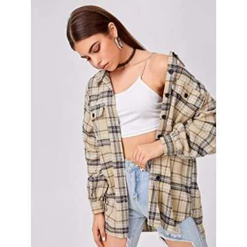 SweatyRocks Women's Long Sleeve Collar Long Button Down Plaid Shirt Blouse Tops Light Khaki Large