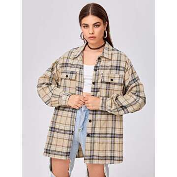 SweatyRocks Women's Long Sleeve Collar Long Button Down Plaid Shirt Blouse Tops Light Khaki Large