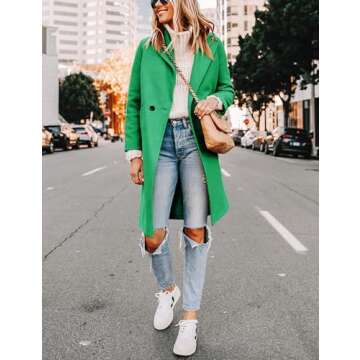 Hooever Women's Winter Wool Coat Casual Notch Lapel Single-Breasted Peacoat(Green-S)