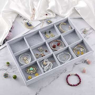 Ice Gray Plush Velvet Stackable Jewelry Display Trays Showcase Jewelry Organizer Storage Trays (12 Grids)