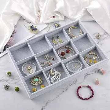 Ice Gray Plush Velvet Stackable Jewelry Display Trays Showcase Jewelry Organizer Storage Trays (12 Grids)