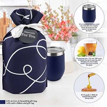 Tea Lovers Gifts Basket - Gift Set Include Temperature Retention Cup 12 Special Blend Teabags & Honey Presented in Beautiful Gift Bag For Women & Men - Birthday, Get Well, Thinking of You Care Package