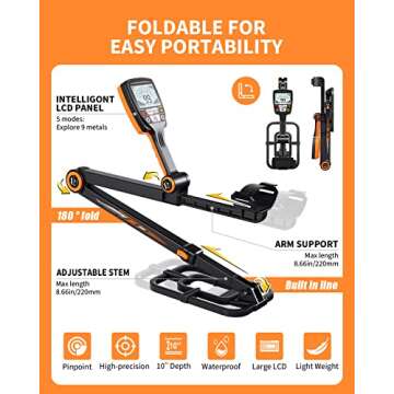 Foldable Metal Detector, Professional Waterproof Gold Silver Detector, Backlit LCD Display, High Acc...