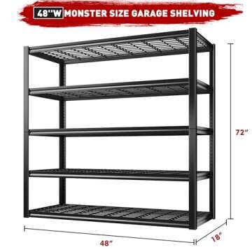 REIBII 48" W Garage Shelving Heavy Duty Load 2500LBS, 5 Tier Storage Shelves, Adjustable Metal Shelv...