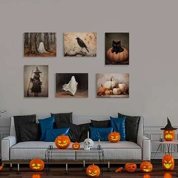 Xianyojafa Vintage Halloween Canvas Wall Art, Retro Black Cat Pumpkin Poster 6 Piece 12x16in, Victorian Raven Ashland Witch Picture Print, Creepy Spooky Ghost Dark Academia Wall Decor Unframed