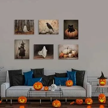 Xianyojafa Vintage Halloween Canvas Wall Art, Retro Black Cat Pumpkin Poster 6 Piece 12x16in, Victorian Raven Ashland Witch Picture Print, Creepy Spooky Ghost Dark Academia Wall Decor Unframed
