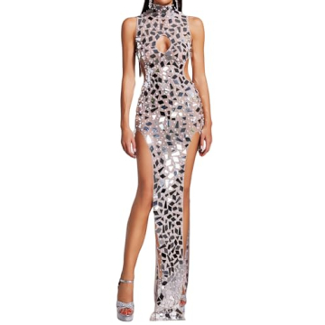 Pearl Sequin Dress Halter Cut Out Dress Slit Mesh Dress for Women Bodycon See Through Dress Tempting...