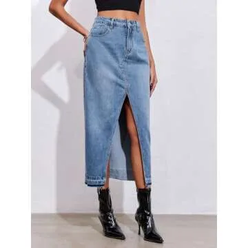 Fisoew Women's Long Denim Maxi Skirts High Waisted Frayed Hem Western Split Jean Skirt Streetwear
