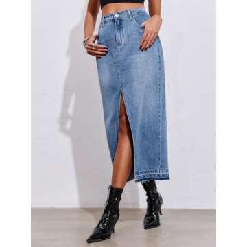 Fisoew Women's Long Denim Maxi Skirts High Waisted Frayed Hem Western Split Jean Skirt Streetwear