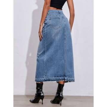 Fisoew Women's Long Denim Maxi Skirts High Waisted Frayed Hem Western Split Jean Skirt Streetwear