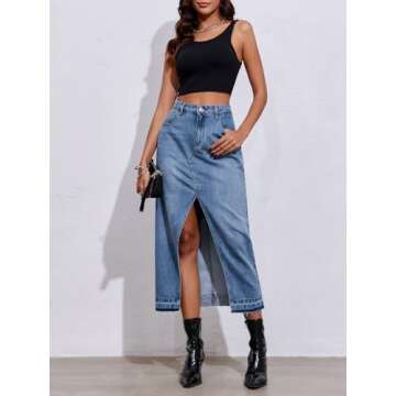 Fisoew Women's Long Denim Maxi Skirts High Waisted Frayed Hem Western Split Jean Skirt Streetwear