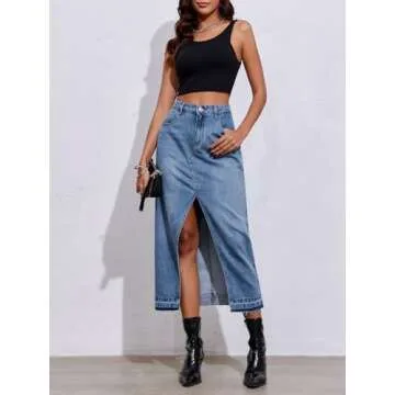 Fisoew Women's Long Denim Maxi Skirts High Waisted Frayed Hem Western Split Jean Skirt Streetwear