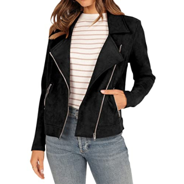 KIRUNDO Lightweight Black Faux Suede Jacket for Women - Fall 2024 Slim Fit Zip Crop Bomber Outerwear