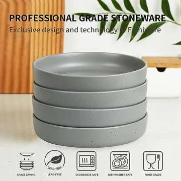 famiware 8.5" Pasta Bowls Set of 4, Dawn Speckled Bowl for Kitchen, Stoneware Dinner Bowl Set for Christmas, Thanksgiving, Microwave Dishwasher Safe, Dark Gray