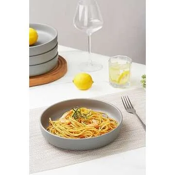 famiware 8.5" Pasta Bowls Set of 4, Dawn Speckled Bowl for Kitchen, Stoneware Dinner Bowl Set for Christmas, Thanksgiving, Microwave Dishwasher Safe, Dark Gray
